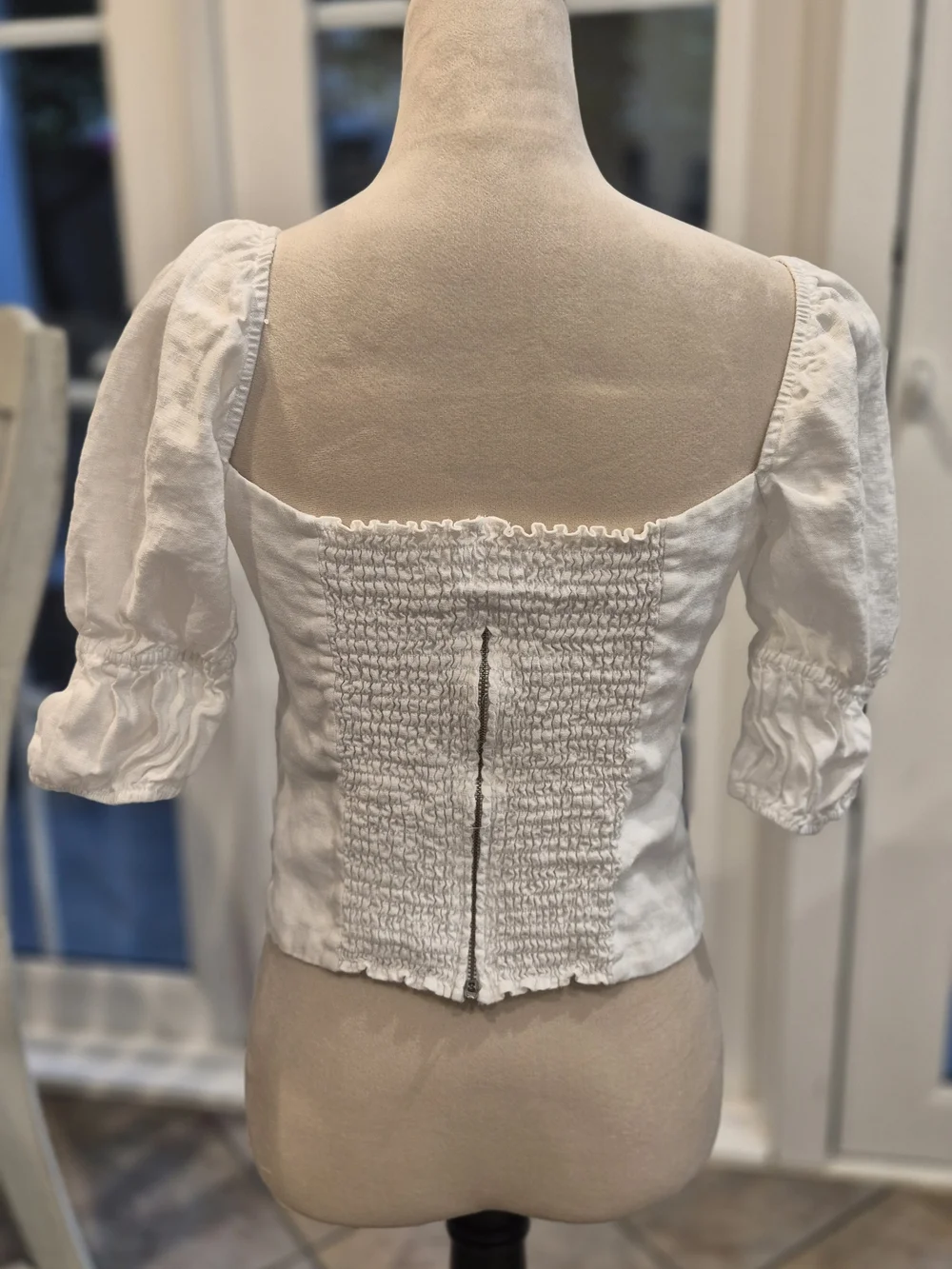 Reformation Cream Linen Square-Neck Puff-Sleeve Button Top
